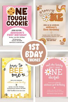 cute first birthday party invite themes for little girl's birthday | One Tough Cookie | Groovy One | Fun to Bee One | Isn't She Onederful Onederful Party Ideas, First Birthday Themes April, 1 St Birthday Girl Year Old Ideas, Baby First Birthday Party Ideas Girl, Baby’s First Birthday Theme Girl, One Year Birthday Party Themes, One Year Old Birthday Theme Girl, Baby Girl First Birthday Theme Spring, One Of A Kind Birthday Theme Girl