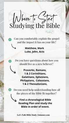 a poster with the words where to start studying the bible on it and an open book