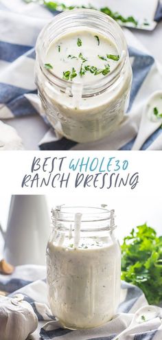 the best homemade ranch dressing recipe in a mason jar on a blue and white table cloth