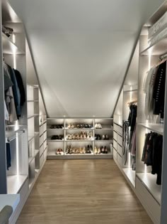 a walk in closet filled with lots of shoes and clothing on shelves next to each other