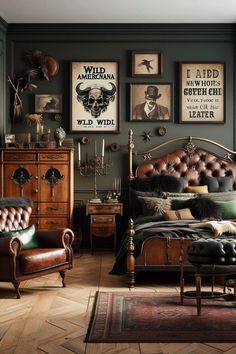 a bedroom with green walls, leather furniture and pictures on the wall above it's bed