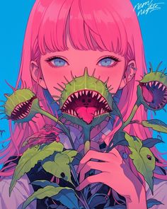 a woman with pink hair and blue eyes holding a plant in front of her face