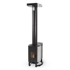 a black and silver stove sitting on top of a white floor next to a metal pole