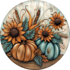 a painting of pumpkins and sunflowers on a wooden background