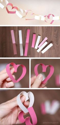 the steps to make paper hearts that are cut out of construction paper and glued together