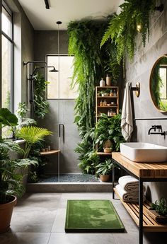 a bathroom with plants on the wall and a green rug in front of the sink