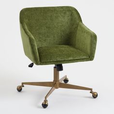 a green office chair with wheels is shown in front of a white background and measurements