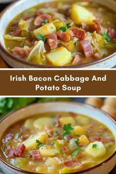 two pictures with different types of food in them and the words irish bacon cabbage and potato soup