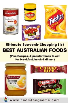 the ultimate australian shopping list for food and snacks, with text overlay that reads ultimate souvenir shopping list best australian foods