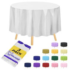 round table cloths with wooden legs and various colors on each side, including white