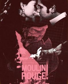 the movie poster for mouliin rouge is shown with two people kissing each other