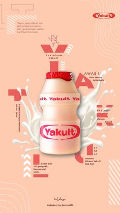 an advertisement for yakut milk on a pink background with white and red lettering