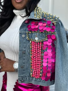 Model 5’0 wearing a size small. metallic cargo pants Multicolor Denim Jacket For Festivals, Studded Jacket Denim, Embellished Denim Outerwear For Festivals, Cute Denim Outerwear With Patches, Gemstone Denim Jacket, Girls Cargo Pants, Denim Diy Clothes, Metallic Jeans