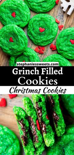 These Grinch cookies are the perfect treat for the holidays! They are easy to make green sugar cookies filled with chopped Andes mints. They are rolled in green sugar and topped with a jumbo heart sprinkle to make your heart grow three sizes!