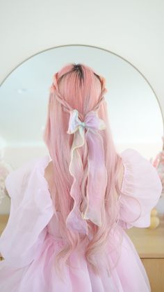 Aesthetic Pink Hair, Pink Hair Aesthetic, Mei Yan, Coquette Hairstyles, Cottagecore Hair, Korean Style Dress, Bows Coquette, Cottagecore Dresses, Pink Hair Dye