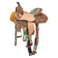 a horse saddle with floral designs on it