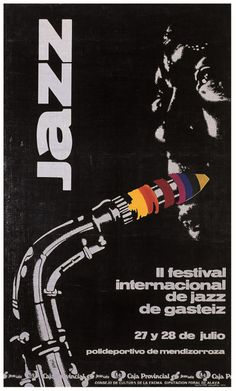 an advertisement for the international jazz festival, featuring a man with a saxophone and colored pencils in his mouth