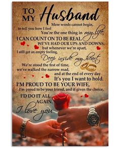 two hands holding a rose with the words to my husband on it, and an image of