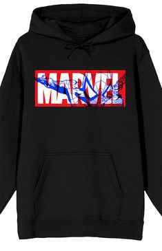 spiderman fans won't want to miss out on this awesome comic inspired hoodie! this awesome men's hoodie features a large graphic on the front of spiderman swinging through the bold marvel comics logo in vibrant contrasting colors. this comfy black hooded sweatshirt is made of high-quality, premium polyester and cotton material, and is professionally printed to ensure long-lasting color and print quality. it can be machine washed in cold water with like colors, and tumble dried on low for easy and Spiderman Swinging, Spider Man Logo, Spiderman Hoodie, Comics Logo, Black Hooded Sweatshirt, Marvel Hoodies, Man Logo, Marvel Spiderman, To Miss