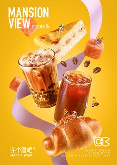 an advertisement with food and drinks on it