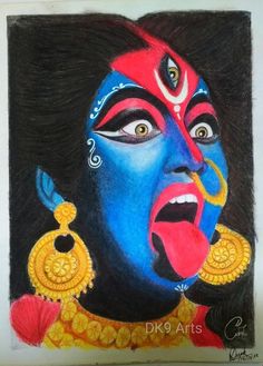 a drawing of a woman's face painted in blue and red with gold earrings