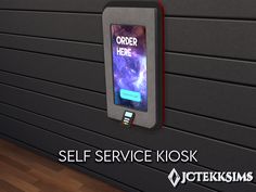 a self - service kiosk is mounted to the side of a wall with an advertisement for order here