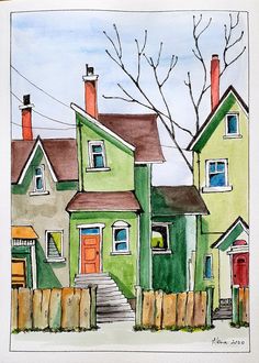 a watercolor painting of two green houses with red doors and windows on the front