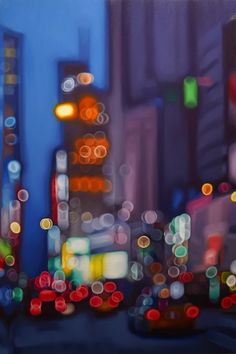 a painting of city lights at night with blurry buildings in the foreground and cars on the street