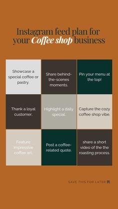 Instagram feed plan inspiration for content ideas for coffee shop businesses to post. Instagramable Cafe Ideas, Cafe Instagram Post Ideas, Instagram Feed Coffee Shop, Coffee Shop Social Media Content, How To Start A Coffee Shop Business, Coffee Content Instagram, Coffee Shop Post Ideas, Coffee Marketing Ideas, Bakery Post Ideas