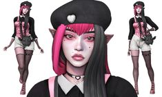 an animated image of a woman with pink hair and black clothes, wearing a hat