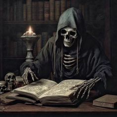 a skeleton sitting at a table with an open book and candle in front of it