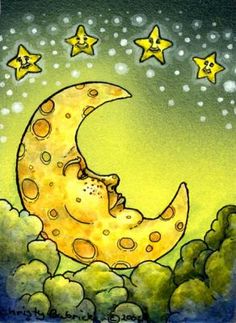 a painting of a man sleeping on the moon with stars in the sky above him