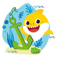 a cartoon shark with an anchor in the water and seaweed around it's neck