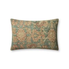 a green and beige pillow on a white background with an ornate design in the middle