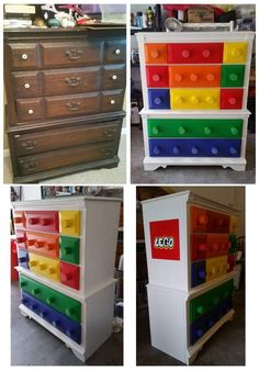 four different colored drawers with legos on them and the bottom one is made out of wood