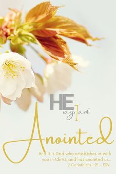 a white flower with the words he says i am annted and it is god who encircles us with you in christ, and he cannot be