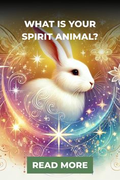 a white rabbit sitting on top of a blue and yellow background with the words what is your spirit animal? read more