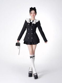 Preppy Core, Rose Ribbon, Black White Outfit, Female Pose Reference, Closet Fashion, Female Poses, Lace Collar, Work Outfits Women, Kawaii Clothes