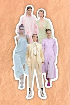 a collage of models in pastel outfits and shoes on a brown background with torn paper