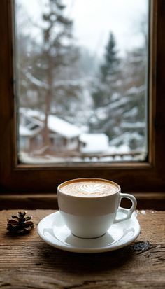 a cappuccino sits on a saucer in front of a snowy window