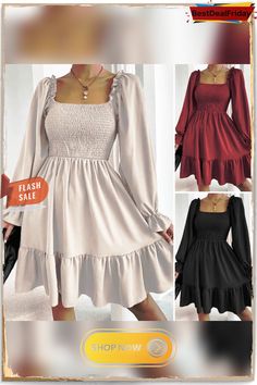 Women Square Neck Long Puff Sleeve Solid Color Midi Dress Ruffled Hem Dress Fall Puff Sleeve Dress In Solid Color, Lantern Sleeve Dress With Ruffle Hem For Brunch, Long Sleeve Puff Sleeve Dress With Ruffles, Solid Ruffle Square Neck Dress, Casual Pleated Dress With Puff Sleeves, Solid Color Casual Fitted Ruffle Dress, Casual Solid Color Fitted Ruffle Dress, Flowy Square Neck Mini Dress With Ruffles, Flowy Lantern Sleeve Dress With Ruffles