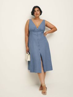 How classic.  Shop the Sebastien Linen Dress ES from Reformation, a sleeveless midi dress with a v-neckline and button front. Cornflower White, Blue Linen Dress, Time Clothes, Work Wear Outfits, The Reformation, Hourglass Shape, Sleeveless Midi Dress, Vintage Inspired Dresses, Swimwear Dress