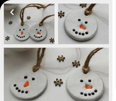 four different pictures of snowmen made out of wood and string with buttons on them