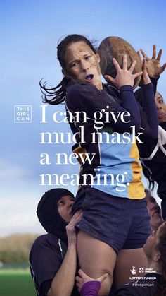 a woman holding a football in her hands with the caption i can give mud mask a new meaning