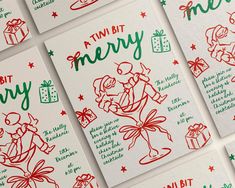 several christmas cards with red and green ink on white paper, all decorated in different designs