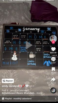 an image of a calendar on a bed with snowmen and christmas characters drawn on it