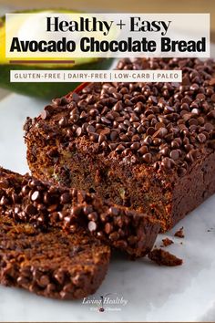 healthy and easy avocado chocolate bread recipe on a white plate with text overlay