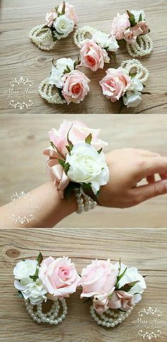 three different pictures of flowers and pearls on a table