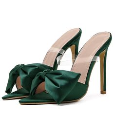 Silk Butterfly-knot Women Slippers – Premiwear.com Pointed Toe Heels With Bow For Cocktail, Green Wrapped Heel Sandals For Party, Elegant Green Mules For Evening, Elegant Green Open Toe Mules, Elegant Green Sandals For Party, Green High Heel Party Sandals, Green High Heel Sandals For Party, Open Heel Bow Heels For Night Out, Spring Party Mules With 4-inch Heel