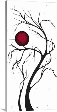 a painting of a tree with a red ball hanging from it's branches in front of a white background